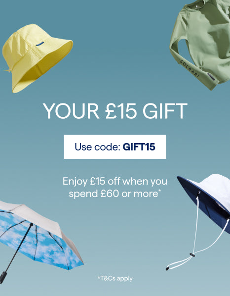 Banner with copy saying Your Free 15 pound gift off when you spend 60 pounds. Clothing garments floating on a light blue background.
