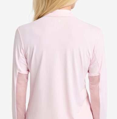 Pink shirt with sheer mesh sleeves on a white background