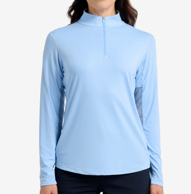Light blue long-sleeve shirt with a quarter zip on a white background