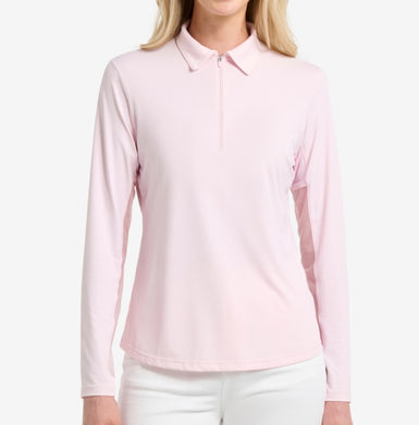 Light pink long-sleeve shirt worn by a person on a white background.
