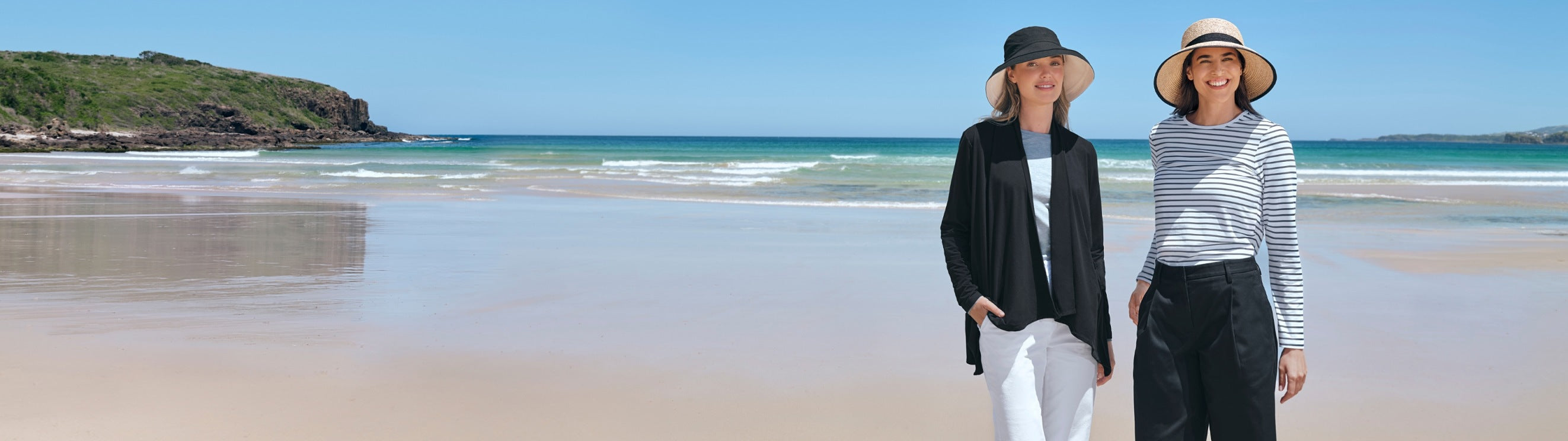 Two people standing on a beach with ocean and sky in the background wearing UPF 50+ Solbari sun hats and sun protective clothing.